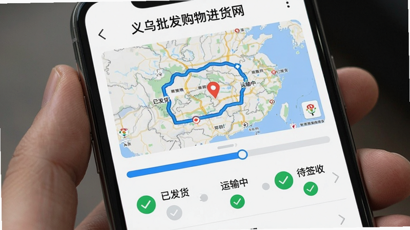手机屏幕显示“义乌批发购物进货网”的物流跟踪页面,中间为地图轨迹图,显示包裹当前位置,下方列表显示“已发货”、“运输中”、“待签收”状态节点,绿色对勾图标表示正常,界面整洁,蓝色进度条,细节丰富,高清画质