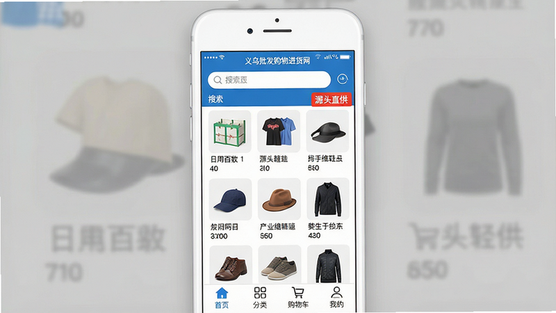 一张展示“义乌批发购物进货网”App界面的高清手机截图,主体为白色背景的手机模型,屏幕显示首页商品瀑布流,包含日用百货、服装鞋帽等分类图标,顶部有醒目的搜索栏和“源头直供”红色标签,底部导航栏包含“首页”、“分类”、“购物车”、“我的”,整体风格简洁商务,蓝色主色调,4k分辨率,无水印,画面干净清晰