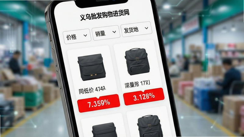 手机界面展示“义乌批发购物进货网”的筛选功能页面,顶部下拉菜单显示“价格”、“销量”、“发货地”选项,中间列表显示多个同款商品对比卡片,突出显示最低价格红色字体,背景虚化,焦点集中在筛选结果上,商务科技风格,清晰明亮