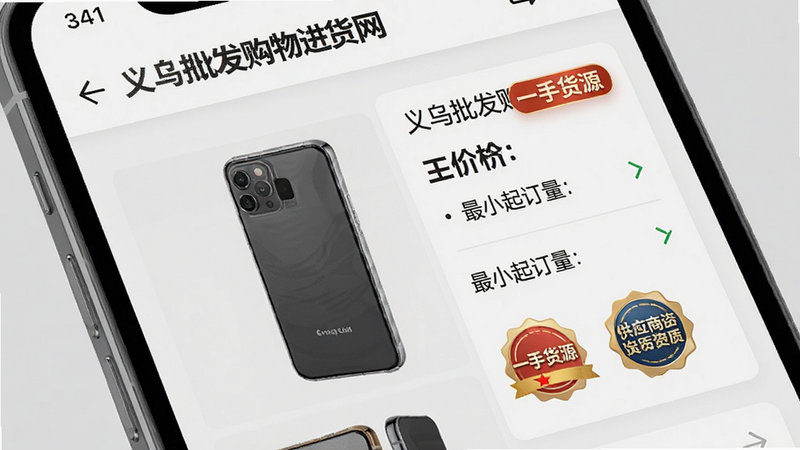手机屏幕特写,显示“义乌批发购物进货网”内的商品详情页,左侧为商品多角度实拍图,右侧显示价格区间、最小起订量、供应商资质徽章,背景为浅灰色,界面元素清晰,字体易读,突出“一手货源”标识,UI设计现代简约,高清渲染