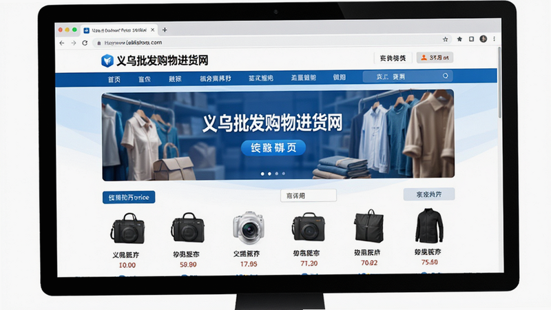 电脑浏览器界面展示“义乌批发购物进货网”官方网站首页,顶部导航栏清晰,中间为大幅促销Banner,下方为商品分类网格,整体设计大气专业,蓝色与白色搭配,屏幕边框黑色,背景简洁,高清摄影风格