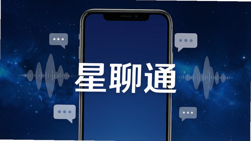 一张现代简约风格的UI界面设计图,主体是手机屏幕显示星聊通APP首页,背景为深蓝色渐变的星空纹理,屏幕中央显示大大的'星聊通'白色Logo,周围环绕着半透明的语音波形和聊天气泡图标,整体布局整洁,无多余元素,高清,扁平化风格,干净,无水印