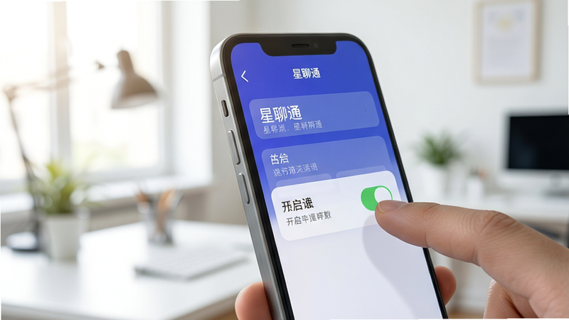 一部智能手机侧面图,屏幕上显示星聊通的设置界面,手指正在点击开启通知权限的开关,背景为柔和的办公室环境,光线明亮,细节清晰,写实风格,无多余物品,干净