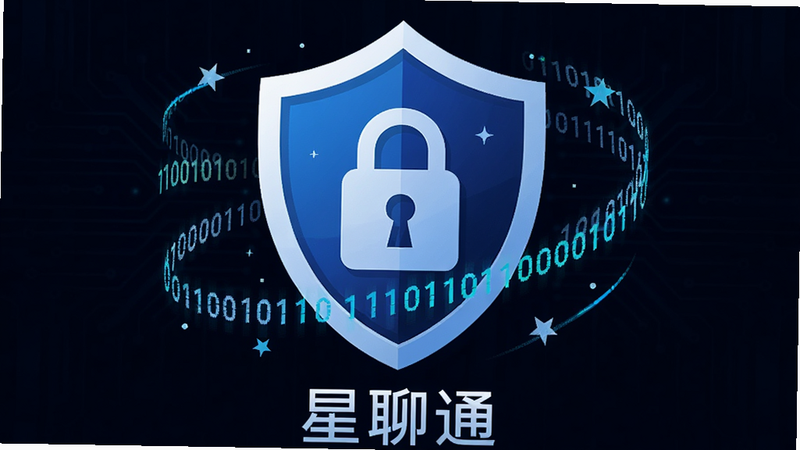 一个盾牌形状的图标位于画面中心,盾牌内部是锁的图案,周围环绕着二进制代码流和星星点缀,背景为深色科技风,文字'星聊通'以小字显示在盾牌下方,象征安全与隐私保护,矢量风格,清晰,无多余装饰
