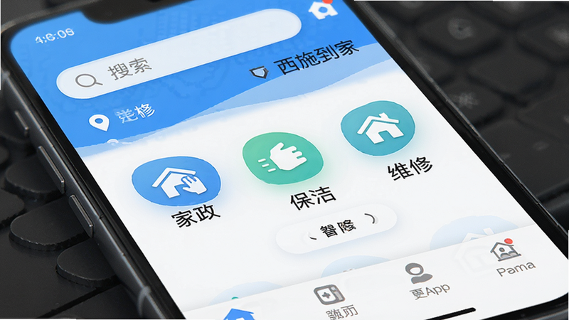 主体为西施到家App的手机界面展示,布局清晰整洁,顶部显示搜索栏与定位信息,中部展示家政、保洁、维修等分类图标,底部为导航栏。风格为现代扁平化UI设计,配色以清新蓝白色调为主,细节处体现科技感与亲和力,画质高清,干净无多余元素,文字内容为