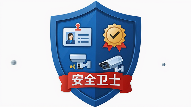 主体为西施到家安全盾牌概念图,布局为盾牌居中,内部包含身份证、认证徽章、监控摄像头等元素图标。风格为矢量插画风格,色彩采用信任蓝与警示红搭配,细节精致,线条硬朗,画质清晰,干净无背景干扰,文字内容为