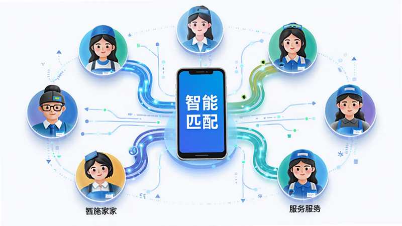 主体为西施到家智能匹配算法示意图,布局采用中心辐射状结构,中心为手机图标,周围环绕着代表不同服务人员的头像图标,连线表示数据流。风格为科技风插画,线条流畅,色彩明亮,细节丰富,画质清晰,干净无杂项,文字内容为