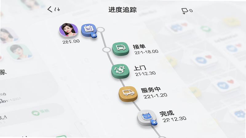 主体为西施到家订单追踪界面模拟图,布局为垂直时间轴样式,显示预约、接单、上门、服务中、完成五个状态节点。风格为简约商务风,背景为浅灰色,节点图标立体化,细节处标注时间戳,画质高保真,干净利落,文字内容为