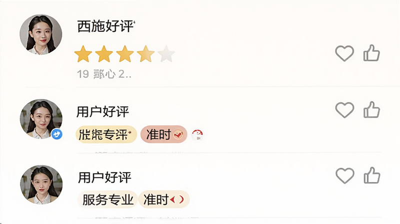 主体为西施到家用户评价界面模拟,布局为星级评分与文字评论列表,显示5星好评及“服务专业”、“准时”等标签。风格为社交媒体风格,界面温馨,细节处显示用户头像与点赞数,画质高清,干净无干扰,文字内容为