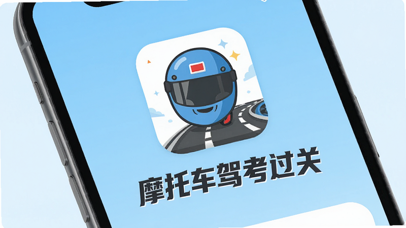 主体为“摩托车驾考过关”APP的手机界面展示,布局采用清爽的浅蓝色调背景,中央突出显示APP图标及“摩托车驾考过关”文字标识,排版简洁现代,风格为扁平化设计,细节处包含摩托车头盔和道路元素装饰,画质高清,干净无多余元素