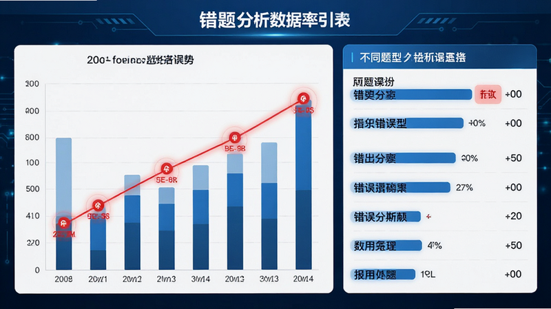 主体为错题分析数据图表,布局为左侧柱状图右侧列表,显示不同题型的错误率,排版清晰直观,风格为科技蓝商务风,细节包含高亮的红色错误标记和趋势线,画质锐利,无背景干扰