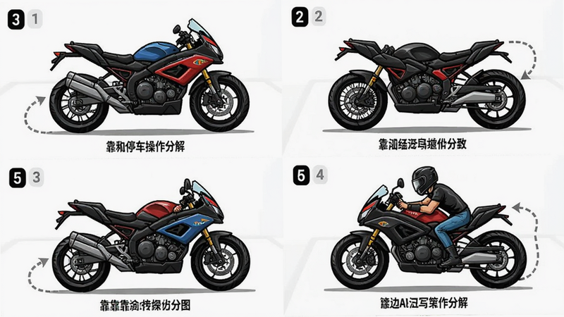 主体为摩托车靠边停车操作分解图,布局为分步骤展示,每一步配有简短说明文字,排版整齐有序,风格为教程插画风,细节清晰标注车轮轨迹和身体姿态,画质明亮,无多余装饰