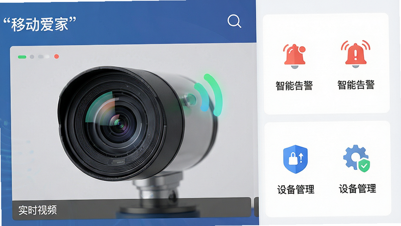 ����Ϊ���ƶ����ҡ�APP��������ͼ�����ֲ������ҷ�����ƣ����չʾ��ʵʱ��Ƶ����ػ��棬�Ҳ����С����ܸ澯���롰�豸������ͼ�꣬�Ű����ִ�������ƽ���Ƽ��磬ϸ�ڰ�����������ͷ��ͷ��д�������ź�ָʾ������4k���ɾ����޶���Ԫ�أ����ּ����š��ƶ����ҡ�����ȫ�ػ���