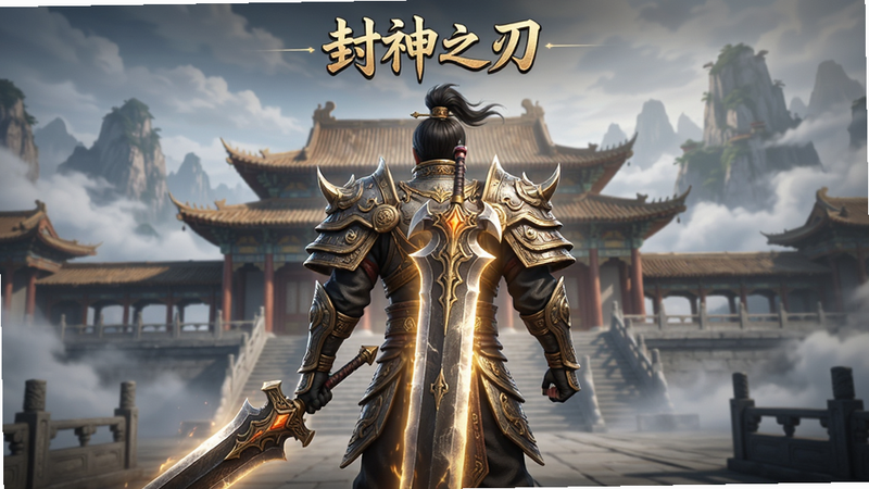 主体为一款名为“封神之刃”的移动游戏主界面,布局中心是身穿华丽战甲的角色背影,手持发光巨剑,背景是宏大的古代宫殿与云雾缭绕的山峰,排版采用居中式构图,风格为写实玄幻风,细节丰富展现盔甲纹理与光影效果,画质4K高清,干净无多余元素,无文字