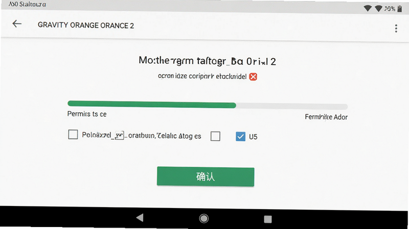 主体为重力橙子2安装界面,布局为安装进度条与确认按钮,背景为白色,排版标准安卓风格,细节包含权限勾选框,画质清晰,干净,无多余元素