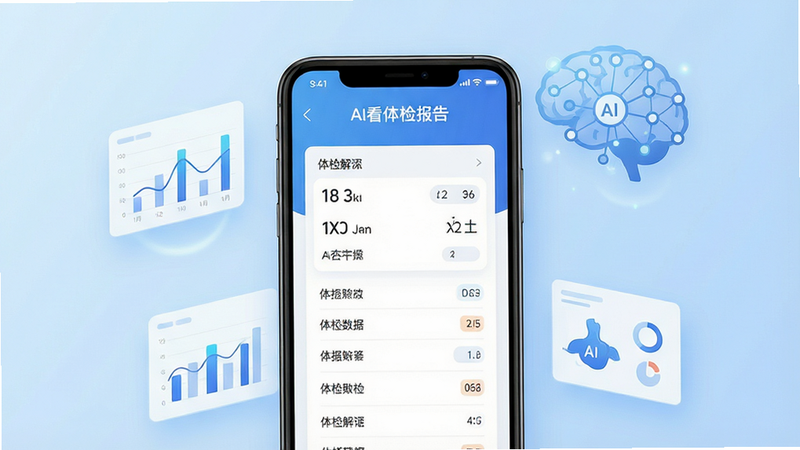 一张现代科技感十足的应用界面展示图,主体为“AI看体检报告”App的手机屏幕模型,屏幕中央显示着清晰的体检数据解读界面,背景为淡蓝色渐变,周围漂浮着抽象的医疗数据图表和AI神经节点,布局简洁大气,排版清晰,风格为扁平化科技风,细节处有柔和的光影效果,画质4k,干净无多余元素,文字“AI看体检报告”清晰可见