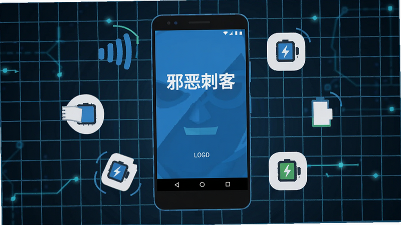 主体为一部安卓智能手机,屏幕中显示游戏加载界面,背景是简洁的科技感网格,手机周围环绕着表示信号和电量的图标,象征流畅运行,扁平化设计风格,文字“邪恶刺客”显示在手机屏幕上,蓝色主色调,高清,简洁
