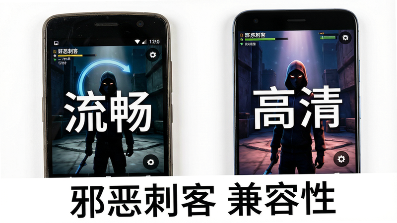 主体为一部旧款安卓手机和一部新款旗舰手机并排显示,屏幕上均运行着《邪恶刺客》游戏,旧款手机屏幕显示“流畅”字样,新款手机显示“高清”字样,背景为简洁白色,对比鲜明,文字“邪恶刺客 兼容性”位于底部,高清,干净