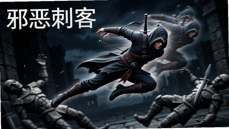 主体为刺客角色正在空中做出闪避动作,身后留下残影特效,周围散落着被击倒的石像敌人,动态模糊效果,深色背景,高对比度,文字“邪恶刺客”悬浮在左上角,动感十足,高清,无水印