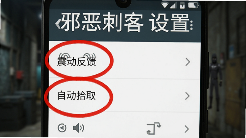 主体为安卓手机界面截图,显示设置菜单,其中“震动反馈”和“自动拾取”选项被红色圆圈标注,背景模糊,突出操作重点,文字“邪恶刺客 设置”显示在顶部,扁平化UI设计,高清,清晰