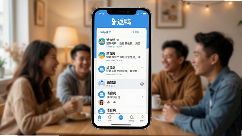 手机屏幕显示返鸭应用界面,主色调为清新蓝白,顶部显示“返鸭”Logo,中间展示动态消息流与语音房列表,底部导航栏清晰,背景虚化显示温馨社交场景,高清写实风格,无多余文字,干净利落