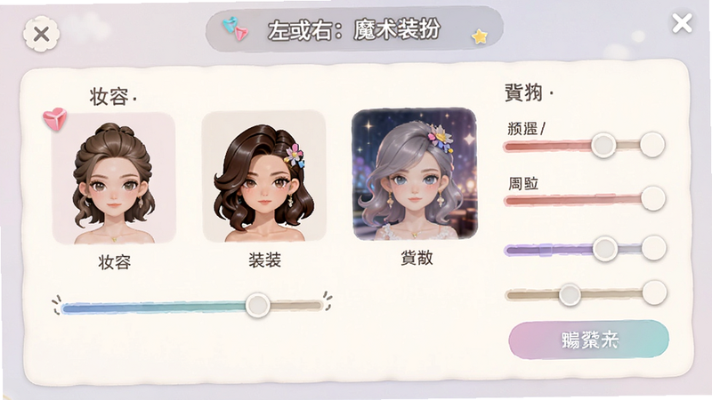 角色定制界面预览,显示“左或右:魔术装扮”中的角色编辑选项,包括妆容、发型、背景等滑块和控制项,界面直观易用,色彩柔和,体现个性化定制功能,高清UI设计,无多余文字干扰