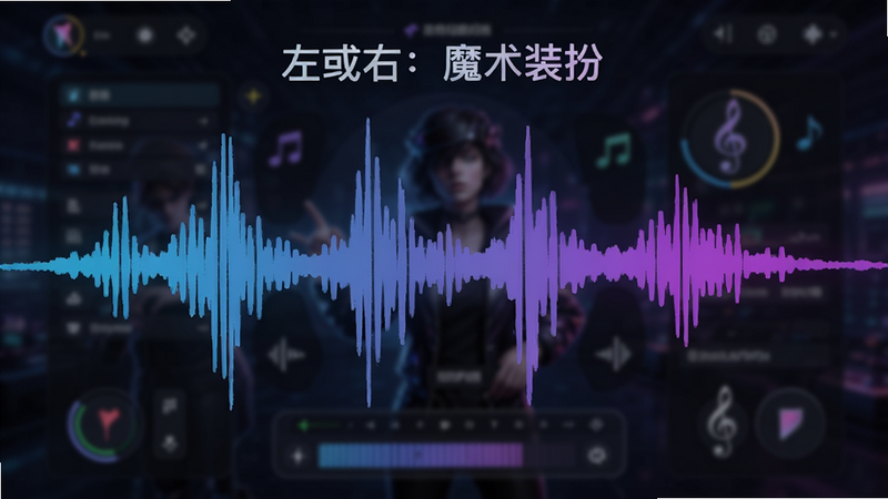 声波可视化图形,叠加在“左或右:魔术装扮”游戏界面上,声波随着节奏波动,颜色为蓝紫色渐变,象征音乐与游戏的融合,背景虚化,突出声波细节,科技感强,高清渲染