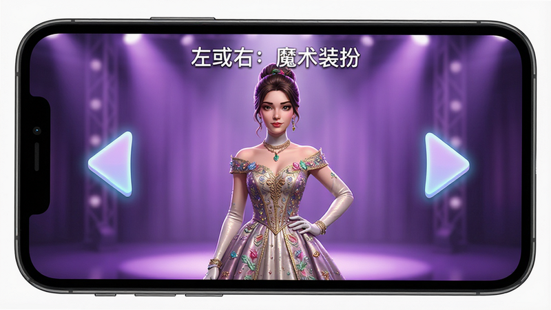 手机屏幕特写,显示“左或右:魔术装扮”游戏界面,主体为穿着华丽礼服的女性角色,左侧和右侧分别有发光的箭头指示,背景为柔和的紫色舞台灯光,UI界面简洁现代,高清渲染,干净无杂乱元素