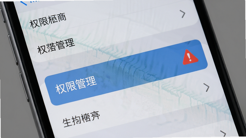 主体为一个手机屏幕,显示游戏设置界面,其中“权限管理”选项被高亮显示,旁边有一个红色的警告图标,背景为简单的灰色,布局清晰,排版紧凑,风格系统设置界面,细节逼真,画质清晰,干净,无多余元素