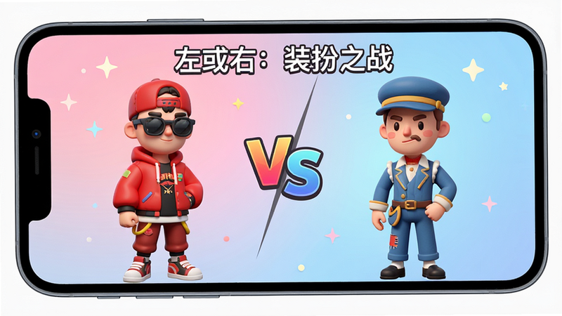 主体为一部智能手机屏幕,显示“左或右:装扮之战”的游戏主界面,左侧角色穿着红色系潮流服饰,右侧角色穿着蓝色系复古服饰,中间有VS标志,背景为柔和的粉色与蓝色渐变,布局对称,排版整洁,风格卡通渲染,细节丰富,画质高清,干净,无多余元素