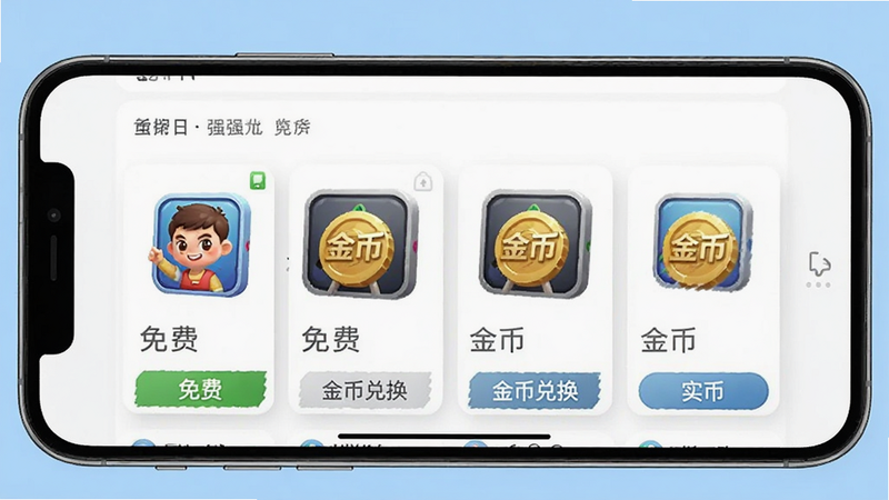 主体为一个手机屏幕,显示游戏商店界面,商品下方标注“免费”或“金币兑换”,没有强制付费按钮,背景为浅蓝色,布局清晰,排版整齐,风格电商界面,细节清晰,画质高,干净,无多余元素