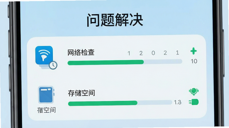手机故障排查界面,显示“网络检查”与“存储空间”图标,背景为浅蓝色,文字“问题解决”,风格清晰直观,细节包含进度条与状态图标,画质清晰,无复杂背景