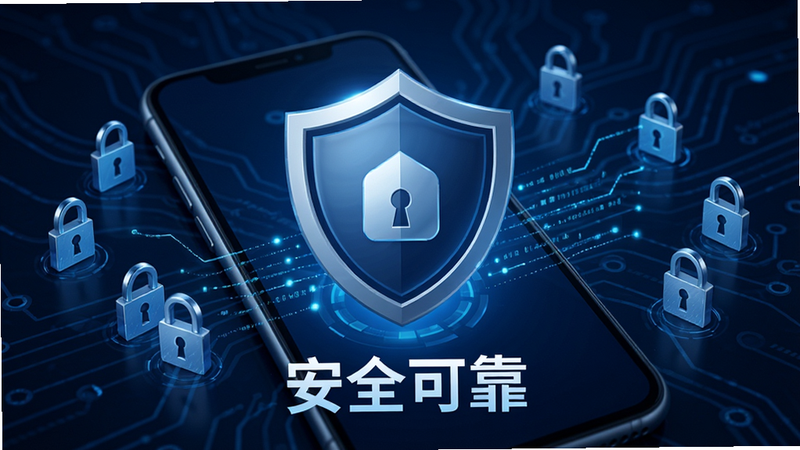 安全盾牌图标,位于手机屏幕中央,周围环绕着锁形符号,背景为深蓝色科技感,文字“安全可靠”,风格稳重可信,细节包含数据流线条,画质高清,无杂色干扰