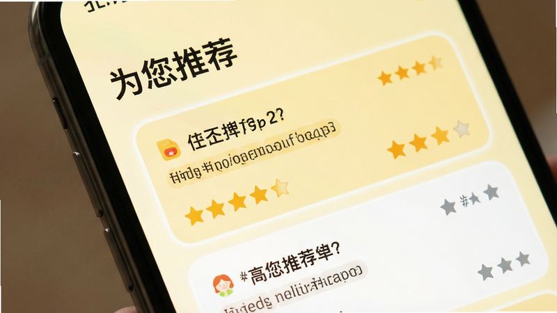 智能推荐界面,手机屏幕显示“为您推荐”标题,下方列出几个高亮任务,背景为淡黄色,风格温馨亲切,细节包含星星评分图标,画质细腻,无复杂背景