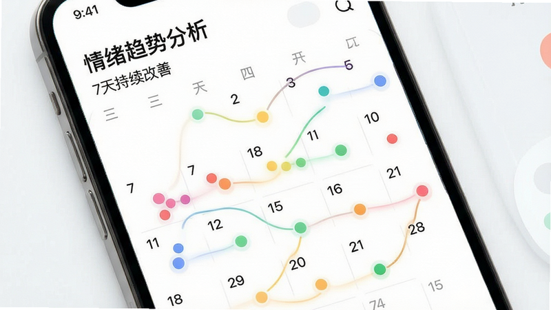 主体为手机界面截图,展示“情绪日历”功能。布局为月度日历视图,每个日期格子内显示不同颜色的小圆点代表情绪状态。排版整齐,色彩柔和。风格为数据可视化设计,细节处有平滑的曲线连接情绪点。画质清晰,干净无杂项。文字: