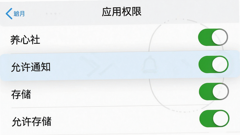 主体为手机设置界面截图,显示“应用权限”列表。布局为列表形式,高亮显示“通知”、“存储”权限开关。排版简洁,重点突出。风格为系统原生UI风格,细节处有清晰的开关状态指示。画质清晰,干净无杂项。文字: