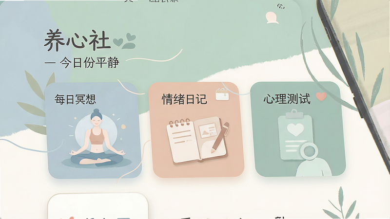 主体为手机屏幕界面,显示“养心社”APP首页,背景为柔和的莫兰迪色系,包含“每日冥想”、“情绪日记”、“心理测试”三个主要模块卡片。布局清晰,排版简洁现代。风格为扁平化UI设计,细节处有淡雅的线条装饰。画质高清,干净无多余元素。文字清晰可见: