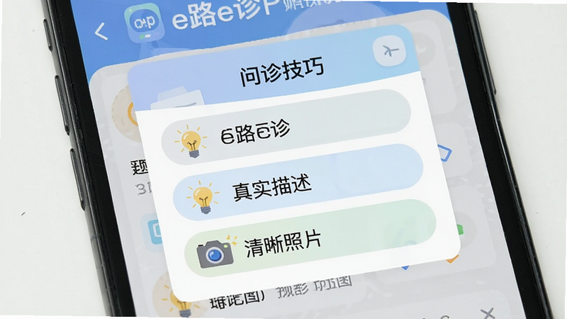 主体为手机屏幕特写,显示e路e诊APP内的“问诊技巧”弹窗,布局为卡片式,包含三条建议文字,风格为扁平化插画,色彩柔和,细节处有灯泡图标表示提示,画质清晰,干净,无多余元素,文字内容包含