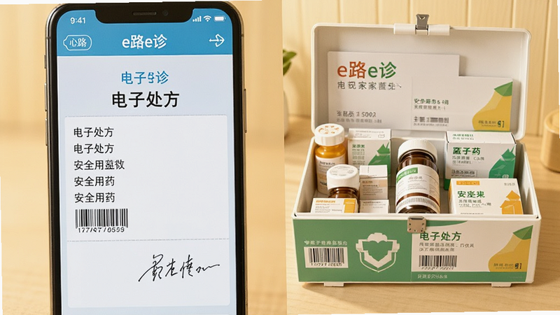 主体为电子处方与药品包装,布局为左右构图,左侧为手机屏幕显示的电子处方单细节,右侧为整齐排列的常见家用药箱,风格为生活化写实风,色彩明亮温暖,细节处有药品条形码和医生签名,画质逼真,干净,无多余元素,文字内容包含
