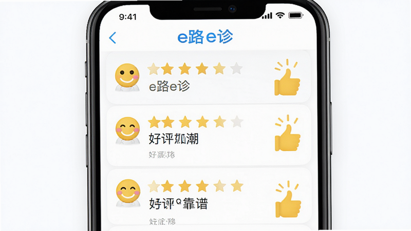 主体为e路e诊APP的用户评价页面,布局为列表形式,显示多条五星好评,风格为简洁UI,色彩明亮,细节处有笑脸图标和点赞手势,画质高清,干净,无多余元素,文字内容包含