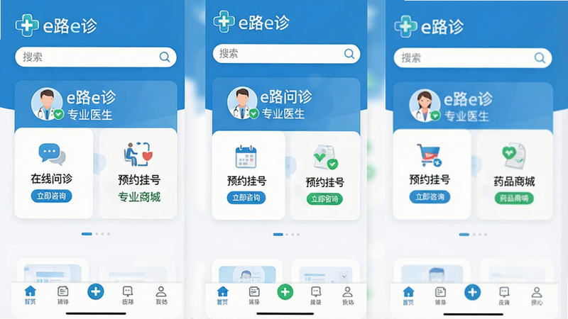 主体为e路e诊APP界面全景,布局清晰,顶部显示品牌Logo及搜索栏,中部展示“在线问诊”、“预约挂号”、“药品商城”三大核心功能入口,底部为导航栏,风格为现代扁平化UI设计,色彩以医疗蓝和白色为主,细节处有医生头像图标和绿色健康标识,画质高清,干净无多余元素,文字内容包含