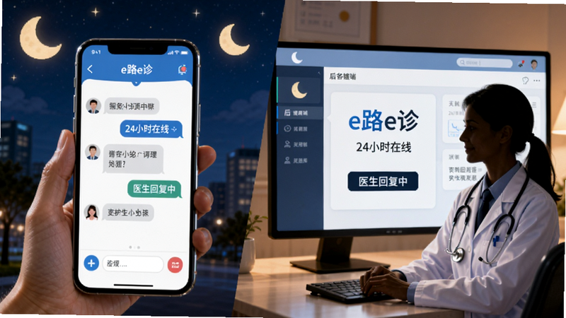 主体为夜间在线问诊场景,布局分为左右两部分,左侧显示用户手机屏幕上的对话界面,右侧展示医生端后台接诊界面,风格为科技感与温馨感结合,细节处有月亮图标表示夜间服务,以及医生佩戴听诊器的剪影,画质细腻,干净,无多余元素,文字内容包含