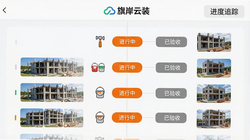 ����Ϊʩ������ʱ������棬�����������У�����Ϊ��ɫ�����ÿ���ڵ�����Сͼ�꣨�紸�ӡ�����Ͱ�����ؼ��ڵ���Ϊ��ɫ�������С�������ɽڵ�Ϊ��ɫ�������ա���������ʾ���찶��װ��Logo����������ִ���ϸ��չʾ��Ƭ����ͼ�������������ɾ����޶���Ԫ�أ����ּ����š��찶��װ����������׷�١�