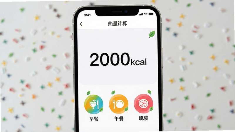һ�Ÿ������ȵ��ֻ���Ļ����չʾͼ������Ϊ'��������'Ӧ�õ������棬�������������ü���������Ʒ�񣬱���Ϊ��͵İ�ɫ��������ʾ�������'2000kcal'��Ϊÿ��Ŀ�꣬�·���������͡���͡���������Բ��ͼ�꣬ɫ�����������ֶȸߣ�ϸ�ڴ���΢С��Ҷ��װ����������������4K���ɾ��޶���Ԫ�أ�����'��������'λ�ڶ���������