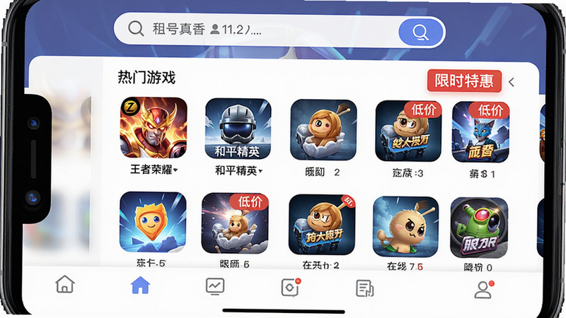 主体为手机屏幕界面,展示“租号真香”APP首页,布局清晰,顶部为搜索栏,中部为网格状游戏图标,包含“王者荣耀”、“和平精英”等热门游戏,底部为导航栏,风格为扁平化UI设计,细节丰富,显示实时在线人数与低价标签,画质高清,干净,无多余元素,文字包含“租号真香”、“热门游戏”、“限时特惠”