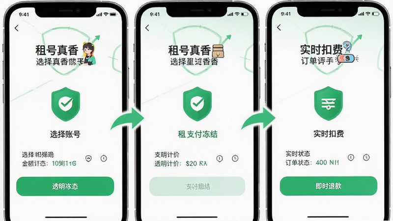 主体为手机支付界面,展示“租号真香”的交易流程,布局分为三步:选择账号、支付冻结、实时扣费,箭头指示清晰,风格为简洁白色背景,突出绿色安全标志,细节展示余额变动与订单状态,画质清晰,无杂乱背景,文字包含“租号真香”、“透明计价”、“即时退款”