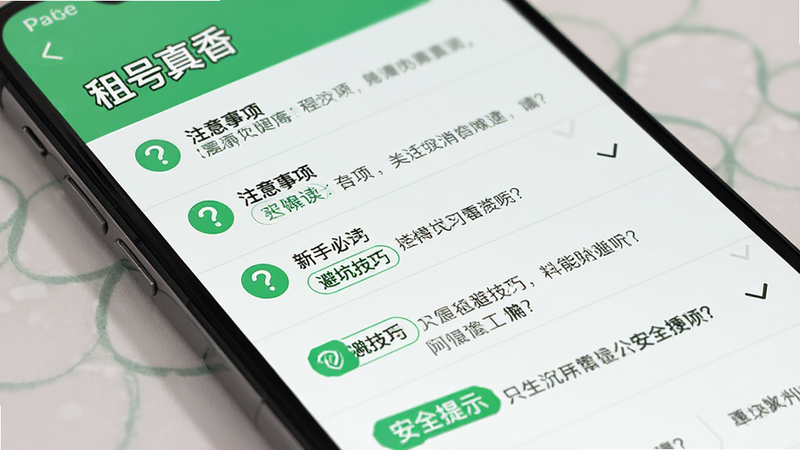 主体为手机界面,展示“租号真香”的常见问题解答页面,布局为折叠列表形式,每个问题前有一个问号图标,风格为清新绿色系,细节展示“注意事项”、“避坑技巧”等标签,画质高清,干净,无多余元素,文字包含“租号真香”、“新手必读”、“安全提示”