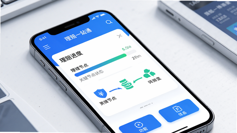 主体为手机屏幕显示“理赔一站通”应用界面,布局清晰,顶部为导航栏,中部展示理赔进度条和关键节点状态,底部为功能按钮区,风格为现代简约商务风,色调以蓝白为主,细节处体现科技感和信任感,画质高清,干净无多余元素