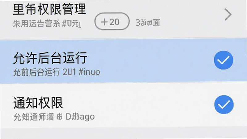 主体为手机设置界面截图,展示应用权限管理页面,布局为列表形式,高亮显示“允许后台运行”和“通知权限”选项,风格为系统原生UI,色调为灰白,细节处体现勾选状态,画质清晰,无多余装饰
