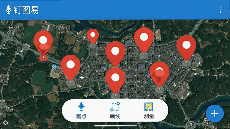 一张高清的安卓手机界面展示图,主体为钉图易应用的主界面,背景是清晰的卫星地图,界面上有多个醒目的红色定位图钉标记,下方悬浮着简洁的工具栏,包含“画点”、“画线”、“测量”等图标,整体风格现代简洁,蓝色调为主,画质清晰,无多余水印,文字标签清晰可见